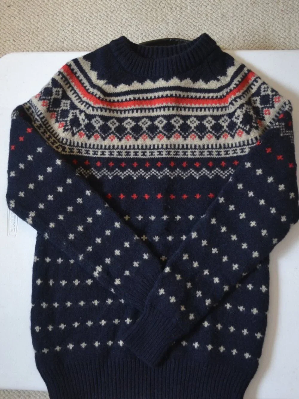 J.Crew Fair Isle Crew Neck Ski Sweater XS Navy Red Nordic Pattern Cozy